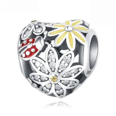 Garden Daisy Ladybug Love Shaped Beaded Zircon DIY Pendant Jewelry Accessories Gift 925 Sterling Silver Wholesale