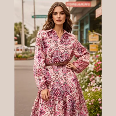 PB&ZA Women's Trendy Printed Shirt Collar Dress Long Sleeved with Front Buttons & Tie-Down Layered Flowy Skirt for Office Wear