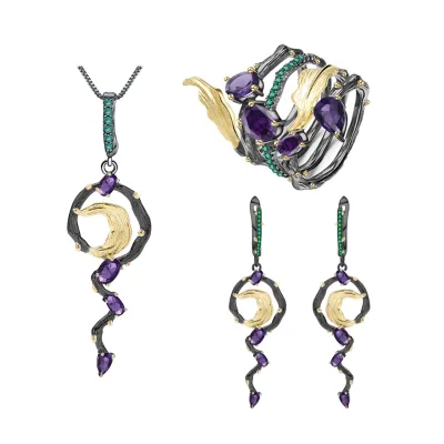C4524 Abiding OEM OEM Factory Natural Amethyst 925 Silver 3 Pieces Fine Jewelry Sets for Ladies