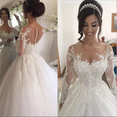 Elegant Tulle Ball Long Sleeves Bridal Wedding Dress