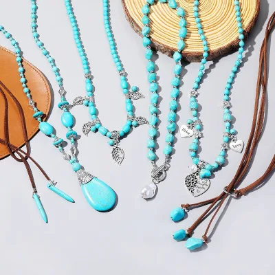 Long Boho Ethnic Style Necklaces Natural Turquoise Pendant Necklace Sets for Women Jewelry