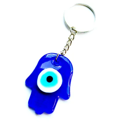 Cute Blue Hamsa Palm Metal Tassel Keychain Custom Evil Eye Blessing Pendant for Bag Birthday Hanging Keyring with Rope