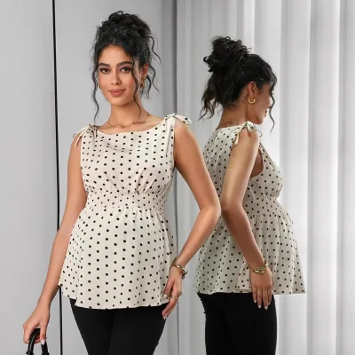 Factory Wholesale/OEM Maternity Top Wear 2026 Spring/Summer New Arrival Polyester Waist-defined Polka-Dot Printed Top