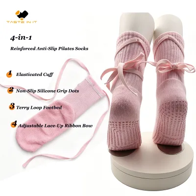 Factory Direct 4-in-1 Reinforced Anti-Slip Pilates Socks 4-Point Stability Yoga Socks with Adjustable Ankle Bow
