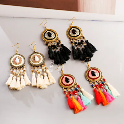 Boho Chic Women's Fashion Dangle Earrings Colorful Cotton Tassel with Ethnic Geometric Beads Bohemian Style Dangles