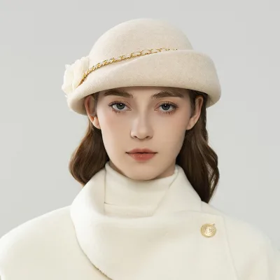 Autumn Winter Wool Fisherman Hat for Women Elegant Floral Metal Chain Decorated Woman Party Dinner Forma Hats Wholesale