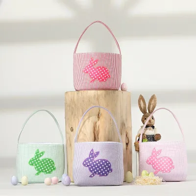 High Quality Cute Bunny Hot Selling Stripe Monogram Blank Easter Cheap Price Seersucker Easter Basket