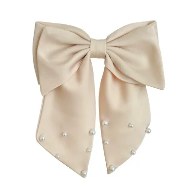 2023 Spring Fashionable Handmade Super Large Bow Clip Silk Fabric Hair Clip  Hair Barrette With Pearls