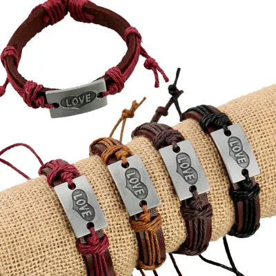 New Arrival Engraved Love Charm Leather Bracelets Cuff Weave Wrap Leather Wax Cord Bangle for Teen Couple Cowhide Hemp Bracelet