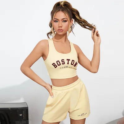 New Arrival Summer Letter Print Shorts Set Sleeveless Crop Top Vest and Drawstring Waist Shorts tank Top 2-piece Women's Suit