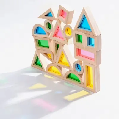 New Style Kids Toy Mirror Wood and Acrylic Stacker 24pcs Sound Sensory Building Children Toys Wooden Rainbow Blocks