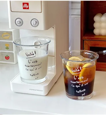 Ins Style Home Breakfast Milk Tea Coffee Cup Japanese and Korean Blogger French Alphabet Printed Glass Cup