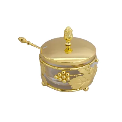 Kitchen Metal Flower Round Glass Sugar Spice Jar Pot Set with Spoon Handle Gift Box