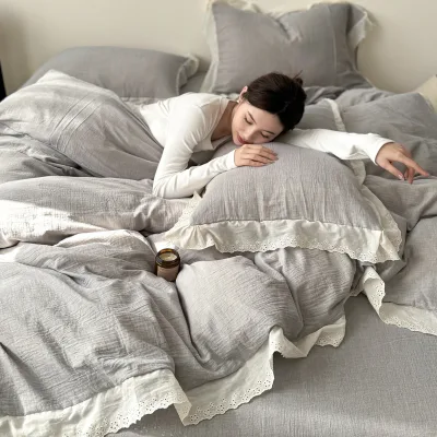 2026 New Luxury Cotton Double-layer Wrinkled Sand Solid Four-piece Set with Anti-Bacteria Protection for Hospital & Hotel Use