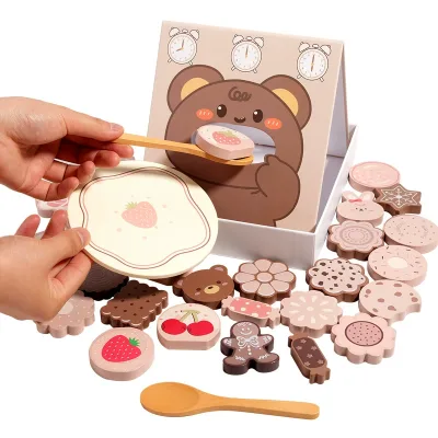 Montessori Wooden Biscuit Feeding Game Set Pretend Play Dessert Toys for Kids Fine Motor Skills
