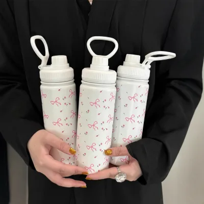 Cross-border Vacuum Insulated Stainless Steel Thermos Mug Floral Design Bow Tie Portable for Car Use Outdoor Sports/fitness 6-12
