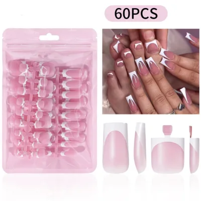BIN 60pcs Full Cover Pre-designed Press on Nails French Style Square PMMA Acrylic Nails Set Fingers and Toes Tips