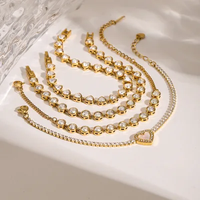J&D Jewelry 18K PVD Gold Plating Stainless Steel Health Sport Heart Round Tennis Chain Bracelet