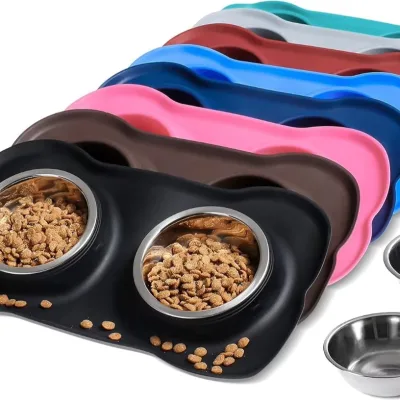 Dog Bowls 2 Stainless Steel Foldable Portable Waterproof Modern Silicone Mat + Pet Food Feeder for Small/Medium/Large Dogs