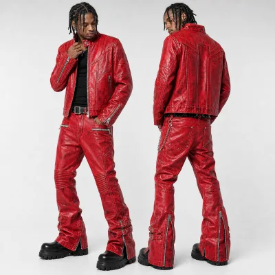 YSJY OEM Custom Washed PU Leather Jacket Pants Set Zipper Biker Moto Style Streetwear Fashion Winter Men Leather Set Supplier
