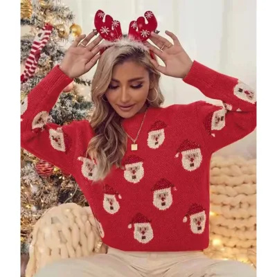 Crew Neck Pullover Santa Claus Jacquard Pattern Logo Knitting Custom Ugly Christmas Sweater