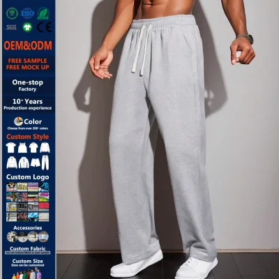 High Quality Men Straight Wide Leg Sweatpants Custom Print Elastic Waist Contrast Drawstring Loose Casual Streetwear Trousers