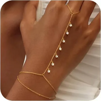 Ladies finger bracelet Stainless steel inlaid zircons beaded double bracelet