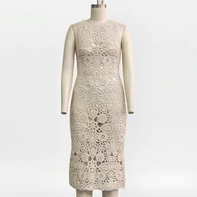 2025 Latest Summer Casual Crochet Cotton Long Dress Elegant Straight Design with Openwork Rounded Neck and Sleeveless