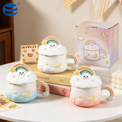 Cute 3D Rainbow Cloud Ceramic Mug With Lid Gradient Porcelain Coffee Cup Gift Box