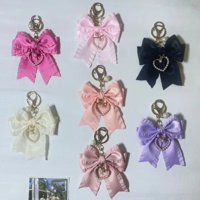 Ruffled Ribbon Bow Fabric Bow Keychain Heart Keychain Women's Bag Pendant Wholesale