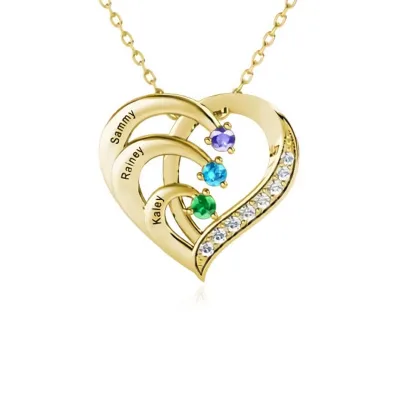 Personalized Heart Necklace with 3 Birthstones Custom Name Mother Daughter Chain Pendant Necklace for Women Mom Birthday Gift