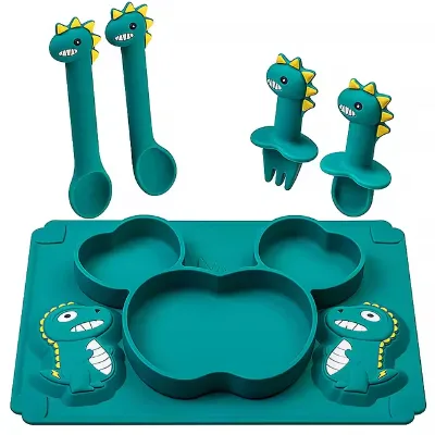 Apple Shape Silicone Baby Feeding Plate Spoon Fork Set for Baby 6 to 24 Months
