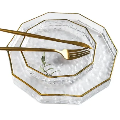 Wholesale Creative Transparent Gold Rim Polygon Fruit Breakfast Glass Plate