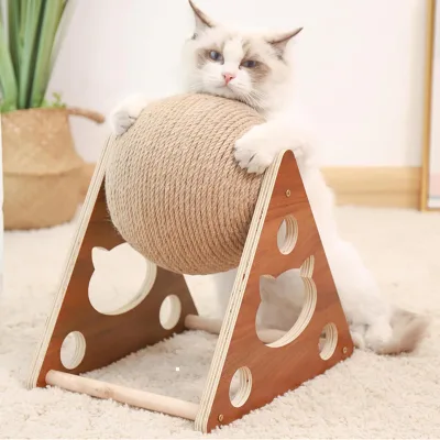 Wooden Cat Climbing Frame Scratching Post with Swivel Rolling Ball Sisal Hemp Eco-Friendly Durable Cat Toys in Carton
