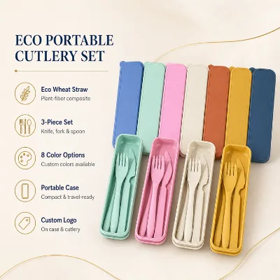 Wholesale Wheat Straw Spoon Fork Knife 3 Pcs Portable Travel Office Picnic Lunch Box Reusable Eco Friendly Cutlery Set
