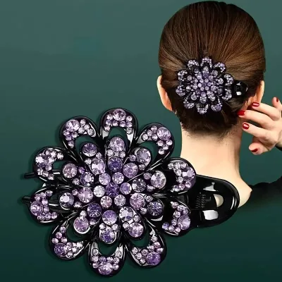 Rhinestones Flower Hair Clip Ponytail Hairclip Duckbill Hairpin Barrette Crystal Fancy Decorative Hair Accessories for Women