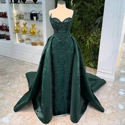 Elegant Emerald Green Wedding Evening Dress for Women 2026 Dubai Arabic Long Detachable Overskirt Prom Dresses Customized Formal