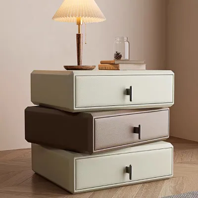 3 Tier Rotating Nightstand with 3 Drawers Cream Mocha PU Leather Metal Handles Italian Luxury for Bedroom Living Room Nachttisch