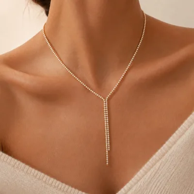 Y Shape Stainless Steel Tassel Necklace Full Inlaid Zircon Pendant Ins Minimalist Women Neck Jewelry Bulk Wholesale