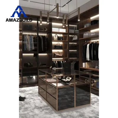 AMAZBUILD High-modern Dressing Room Closet Oak Sensor Light Sliding Transparent Door Wardrobe