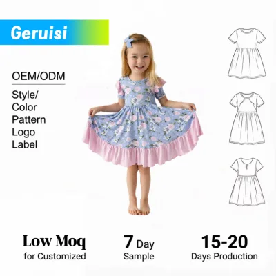 Soft Breathable Bamboo Fiber Fabric, Custom Printed Kids Girls Short Sleeve Contrast Ruffle Hem Twirl Dress