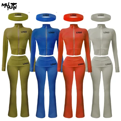Jacket Flared Fold Over Leggings Yoga Pants Set Ladies Loungewear Female Longsleeve Thumb Hole Woman High Quality Activewear