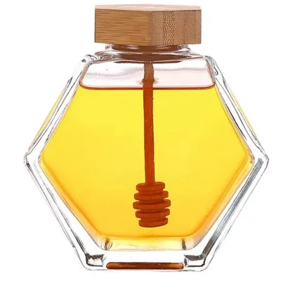 Wholesale Honey Jar Glass Hexagon Shape Honey Pot Container With Wooden Dipper and Cork Lid Cover Honey Syrup Beehive Storage