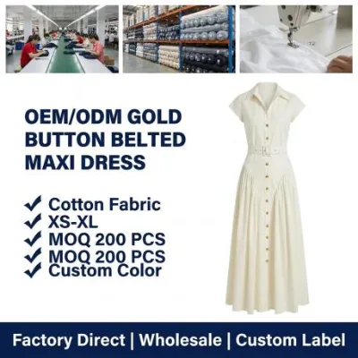 XS-XL | White Shirt Collar Cap Sleeve Gold Button Front Belted Maxi Dress | OEM/ODM Factory Direct | Elegant Long Dress