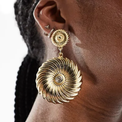 J&D Jewelry Stainless Steel 18K Gold Plated Waterproof Double Circle Spiral Screw Flower Drop Earrings for Women