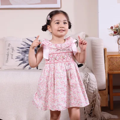 Summer Pink Floral Print Dress Girls Puff Sleeve Tiered Ruffle Hem Cotton Garden Tea Party Casual Kids Dress