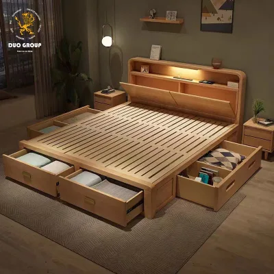 Nordic Style Bedroom Furniture Solid Wood Storage King Size Bed with Drawers LED Night Light & USB Port