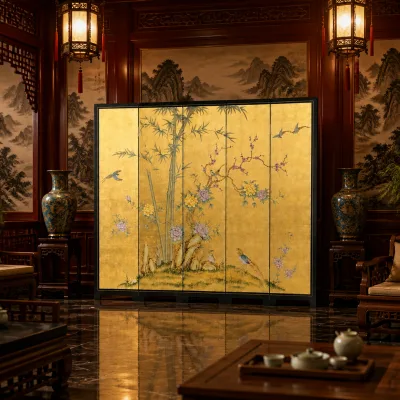 Premium Handcrafted Folding Screen MF-P3006G Gold Leaf Accents Oriental Divider