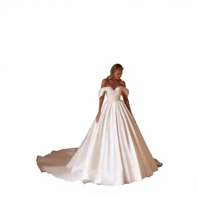 Cross-border New Plus Size Beading Simple Satin Princess Skirt Tail Wedding Dress Shoulder High Waist Slimming Factory Direct