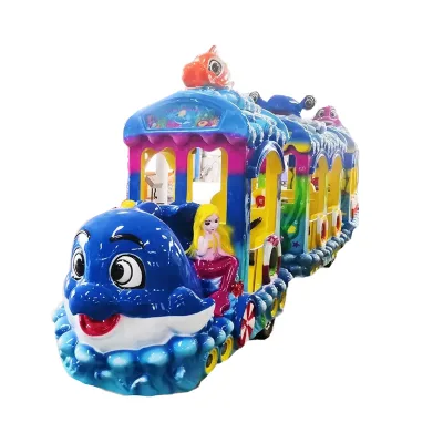 Customized Underwater Theme Battery Operated Kids Track Train 14 Seats Shopping Mall Use